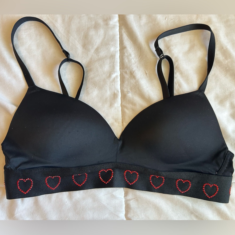 PINK Victoria's Secret Black Bralette with Red Heart Accents
